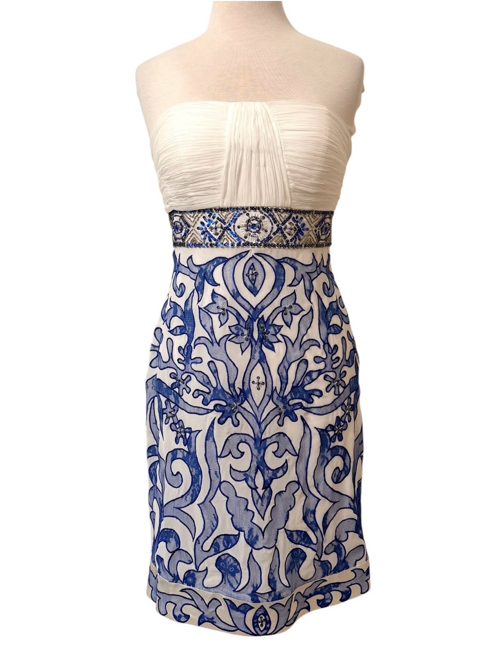 Sue Wong Cocktail Dress NWT White Blue Strapless Formal Embellished Size 8